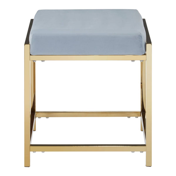 A powder blue velvet stool with a square seat and a sleek gold metal frame, featuring a lower support bar for stability. The design is modern and elegant, suitable for various home decor styles