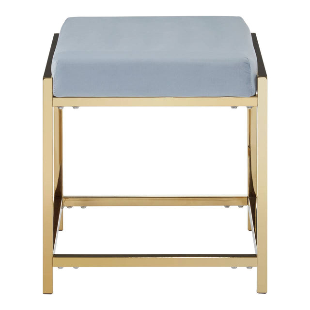 A powder blue velvet stool with a square seat and a sleek gold metal frame, featuring a lower support bar for stability. The design is modern and elegant, suitable for various home decor styles