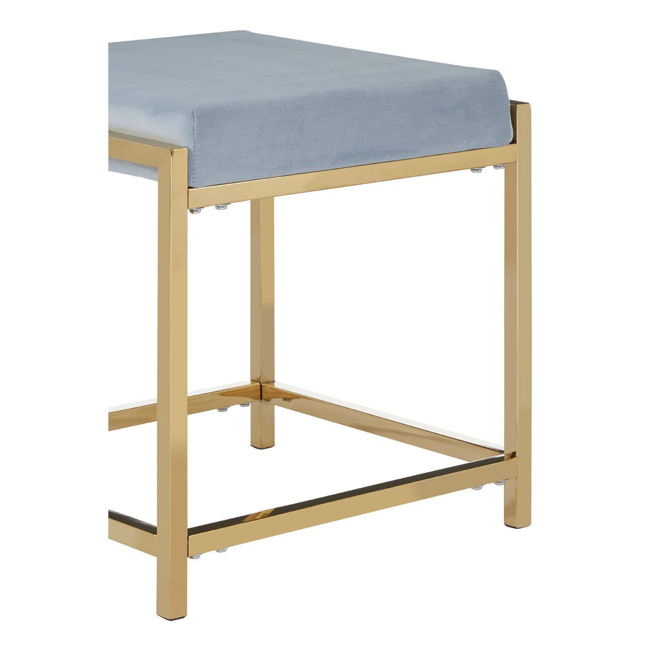 A powder blue velvet stool with a square top and a sleek gold metal frame, featuring a minimalist design and sturdy construction