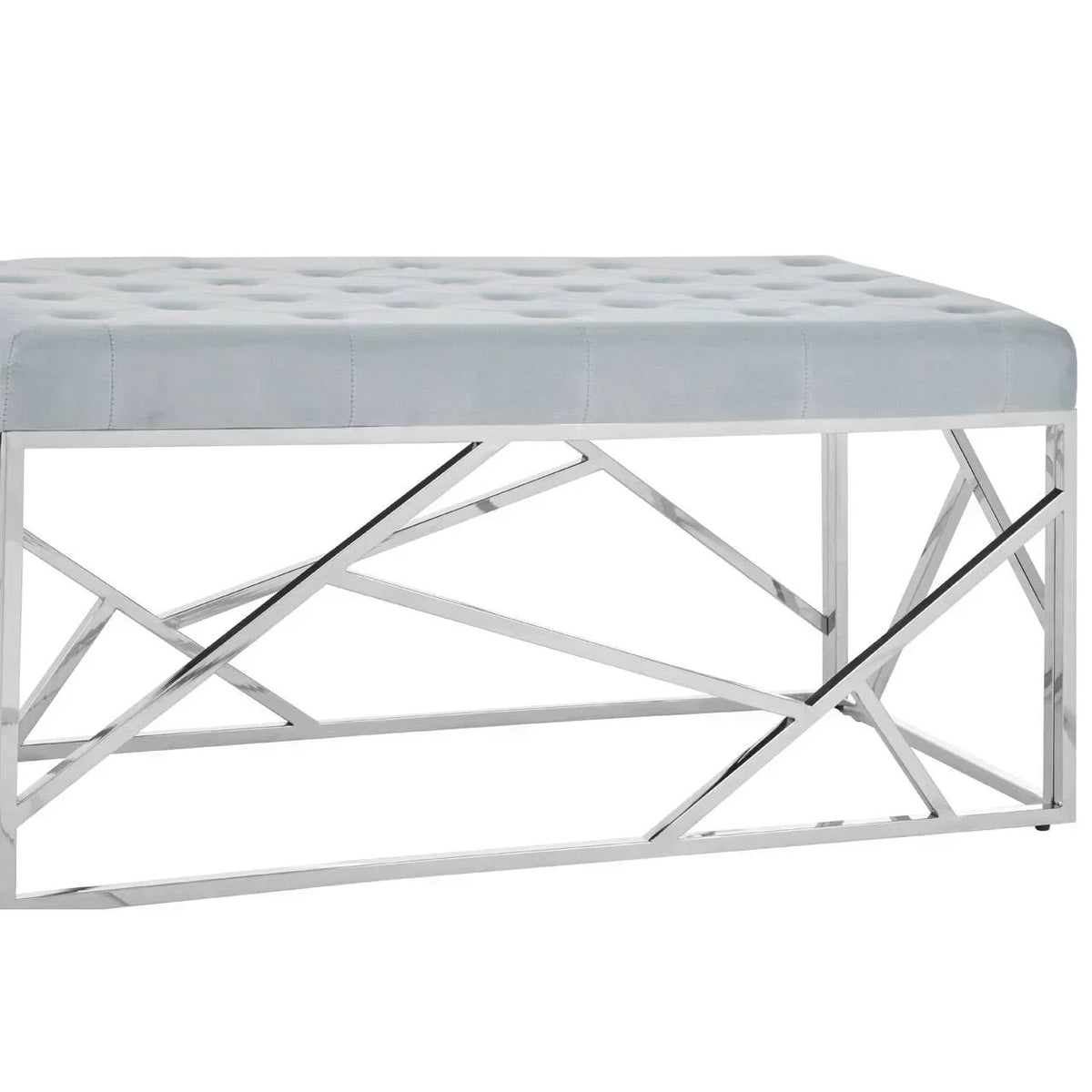 Grey velvet bench with tufted seat and geometric chrome metal base