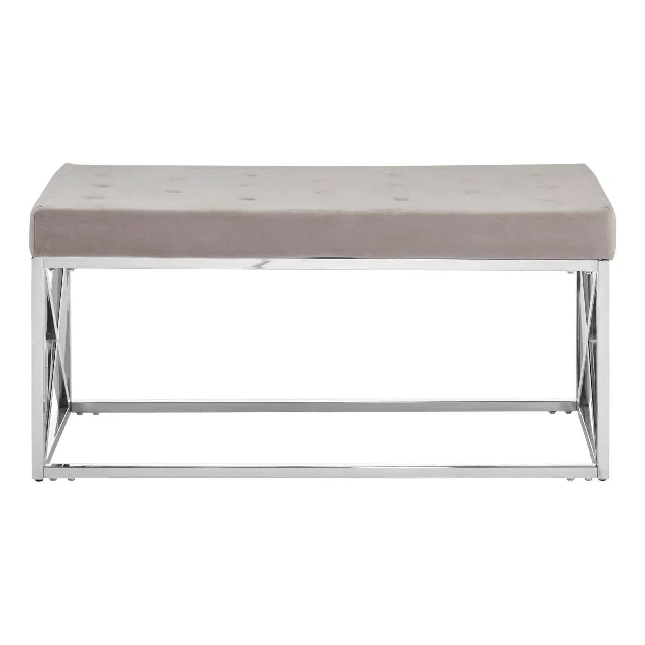 Grey upholstered bench with chrome metal frame and tufted seat, front view