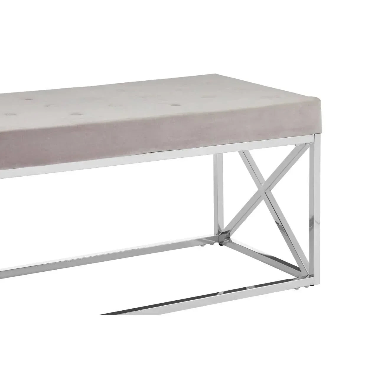 Upholstered bench with light grey fabric seat and chrome metal frame, side perspective