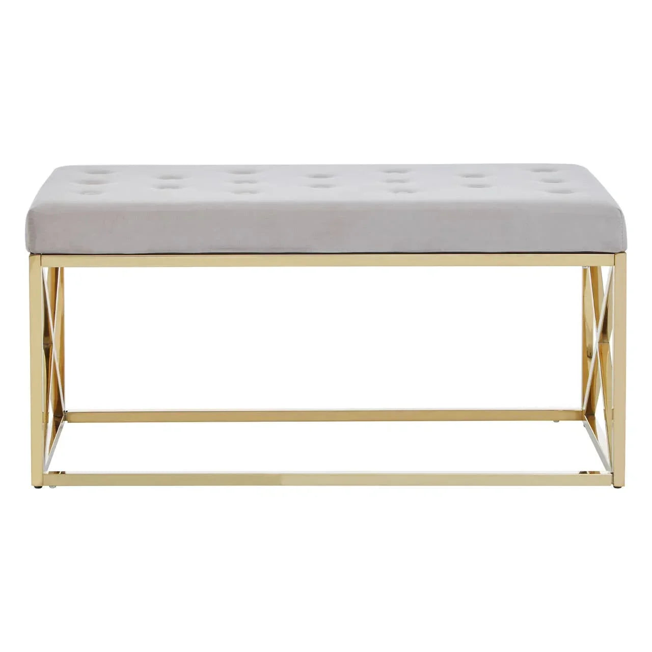 Grey upholstered bench with gold metal frame and tufted seat, front view