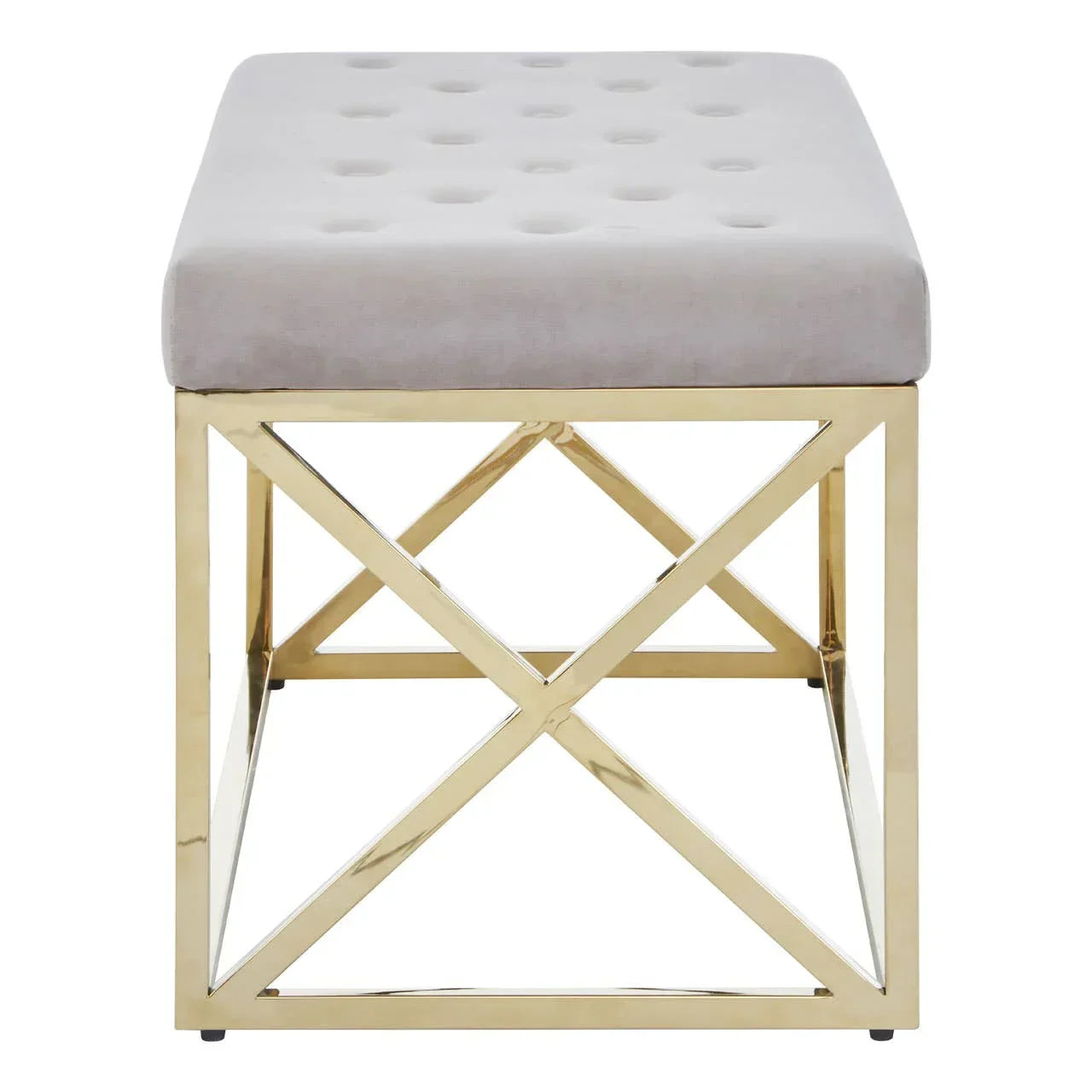 Grey velvet bench with gold metal frame and tufted seat, front view