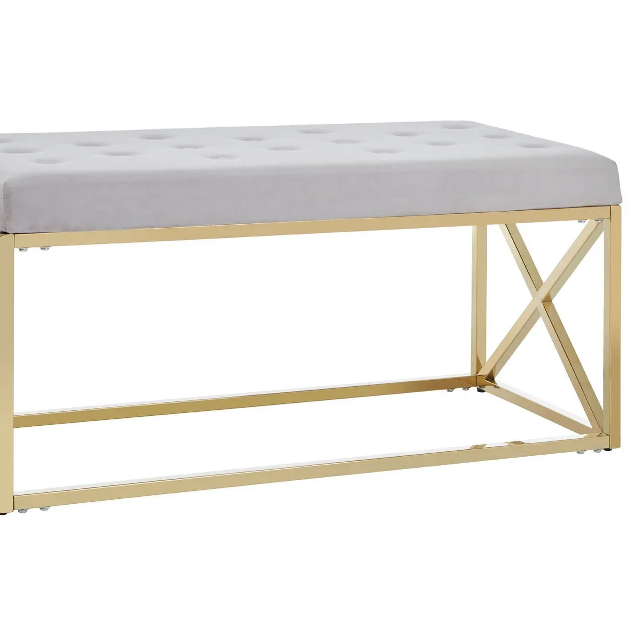Grey velvet bench with gold metal frame and tufted seat, side angle view