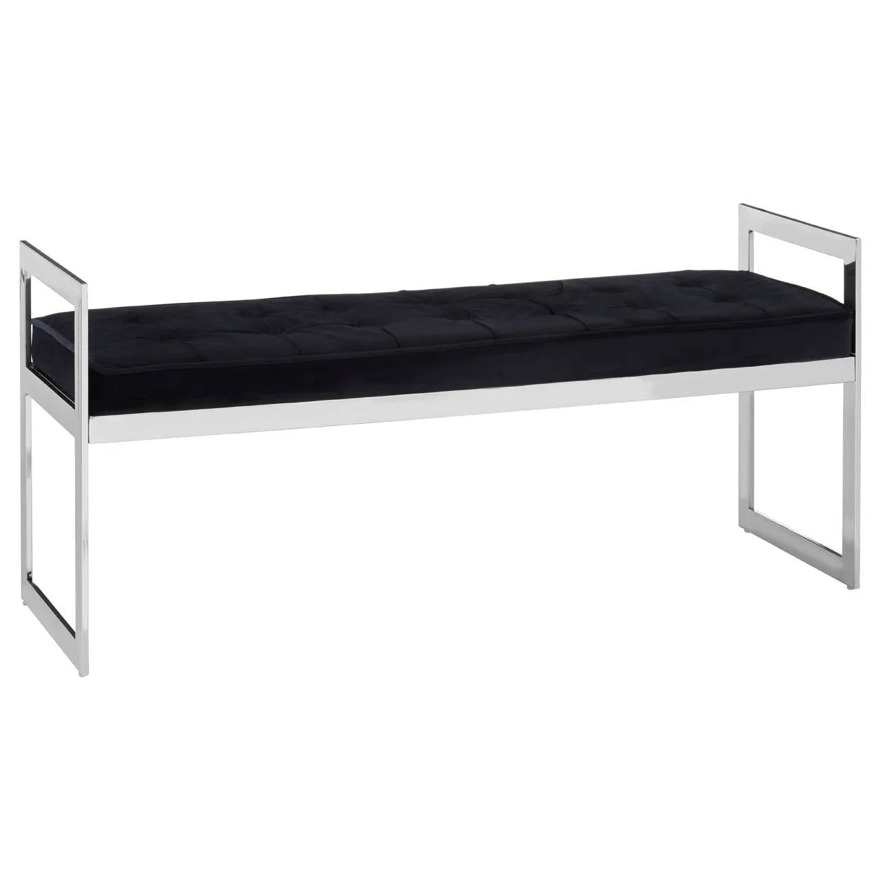 Black velvet bench with tufted seat and chrome metal frame, rectangular armrests, side angle