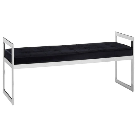 Black velvet bench with tufted seat and chrome metal frame, rectangular armrests, side angle