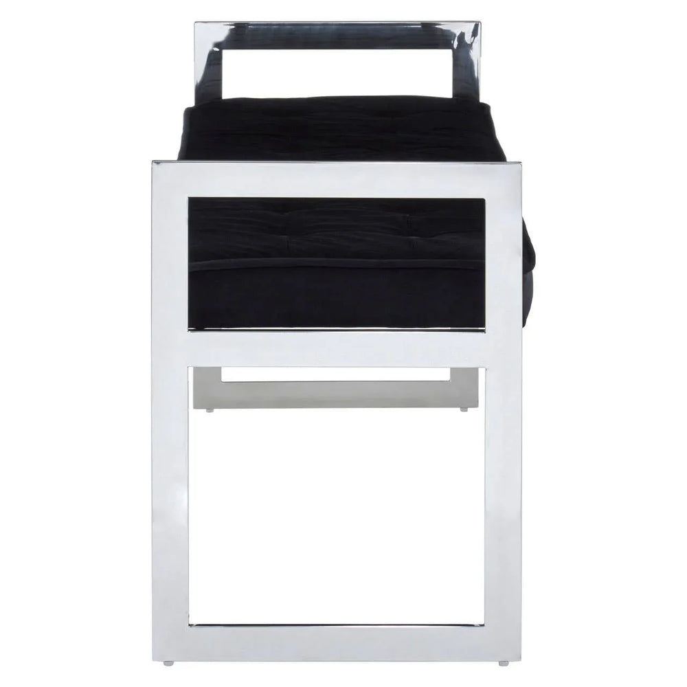 Modern dining chair with chrome metal frame and black upholstered seat, front view