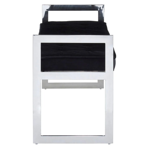 Modern dining chair with chrome metal frame and black upholstered seat, front view