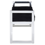 Modern dining chair with chrome metal frame and black upholstered seat, front view