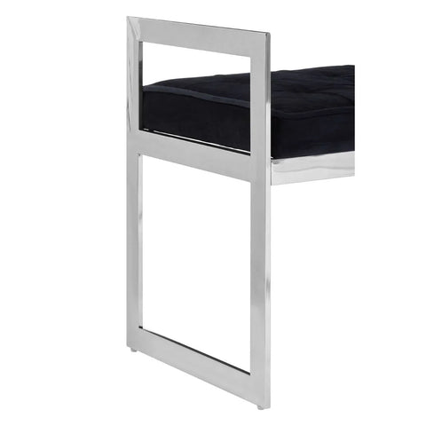 Modern dining chair with chrome frame and black upholstered seat side view