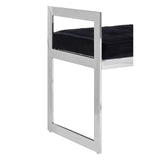 Modern dining chair with chrome frame and black upholstered seat side view