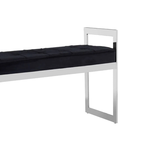 Chrome frame bench with black cushioned seat, side angle view