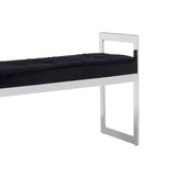 Chrome frame bench with black cushioned seat, side angle view