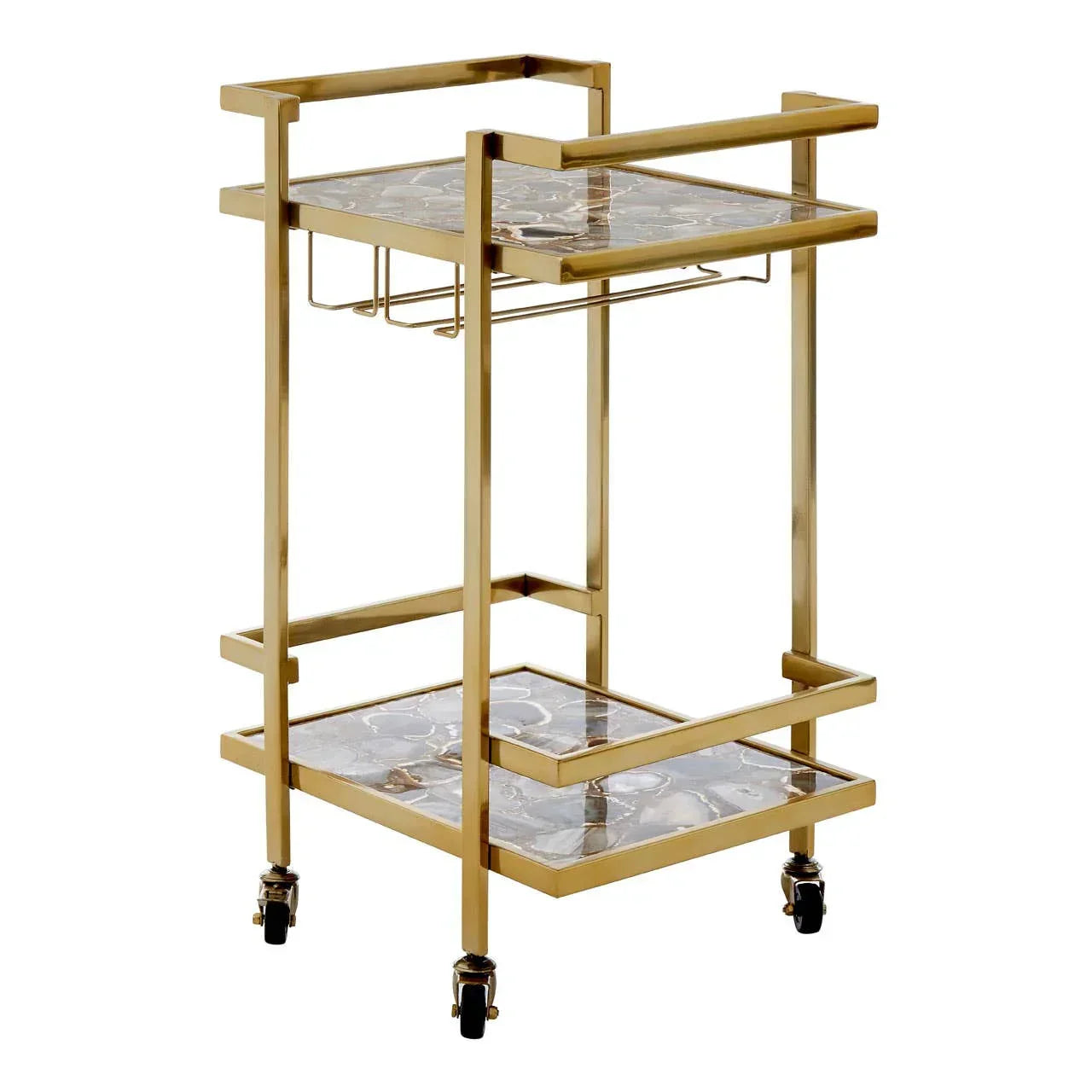 Gold metal bar cart with marble shelves and wine glass rack on wheels