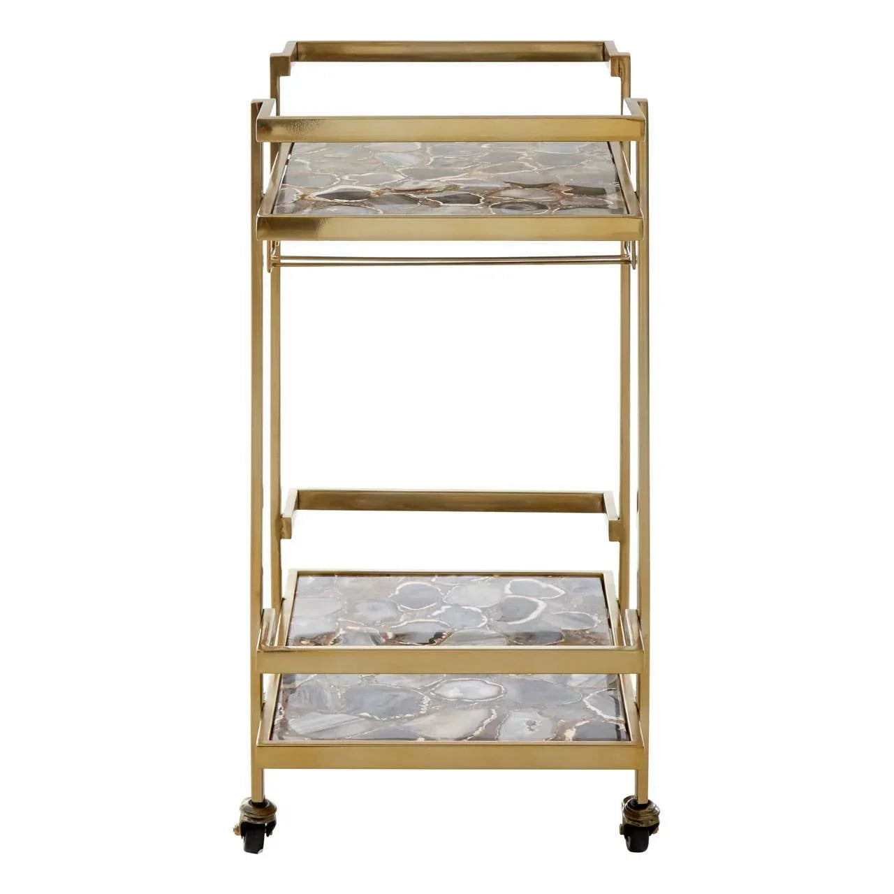 Gold bar cart with two stone-patterned glass shelves and castor wheels, front view