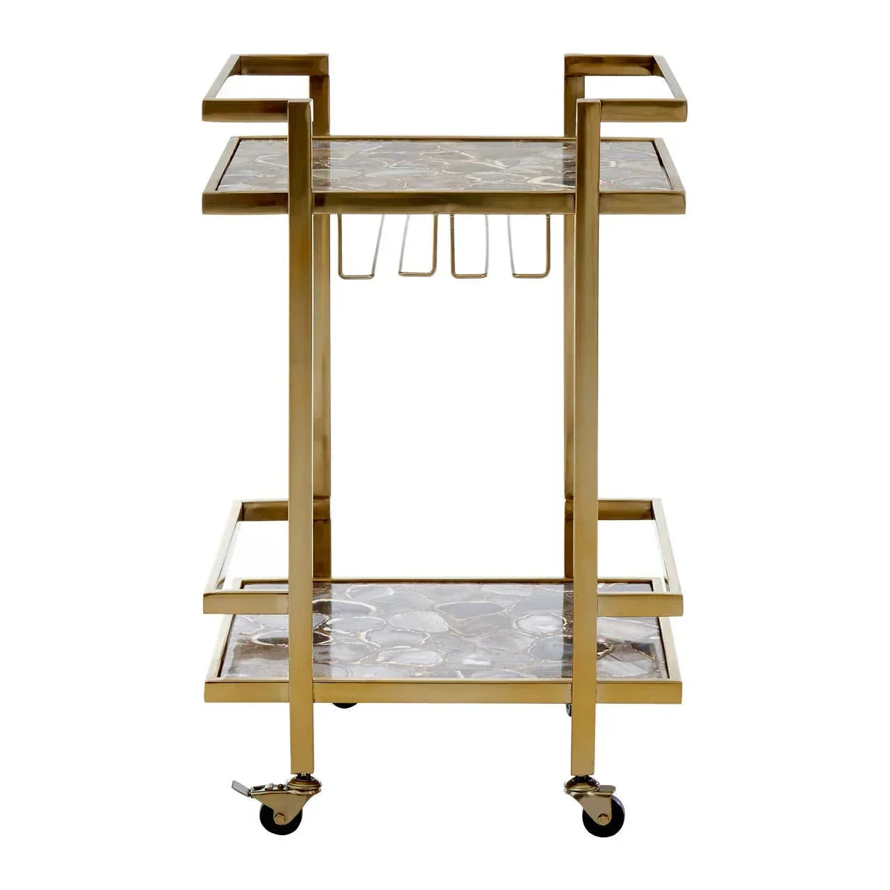 Gold bar cart with two stone shelves, glass holders and swivel casters, front view