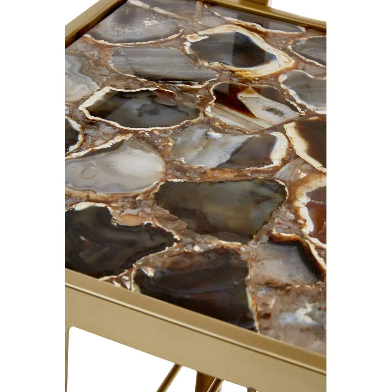 Close up of agate stone inlay side table with gold metal frame