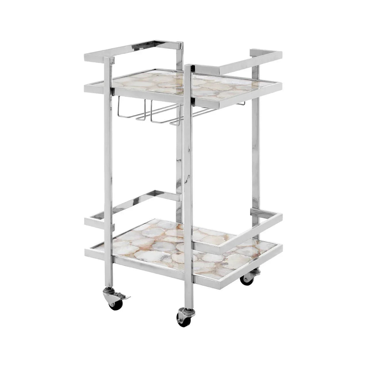 Two tier chrome bar trolley with marble effect shelves and wine rack on wheels