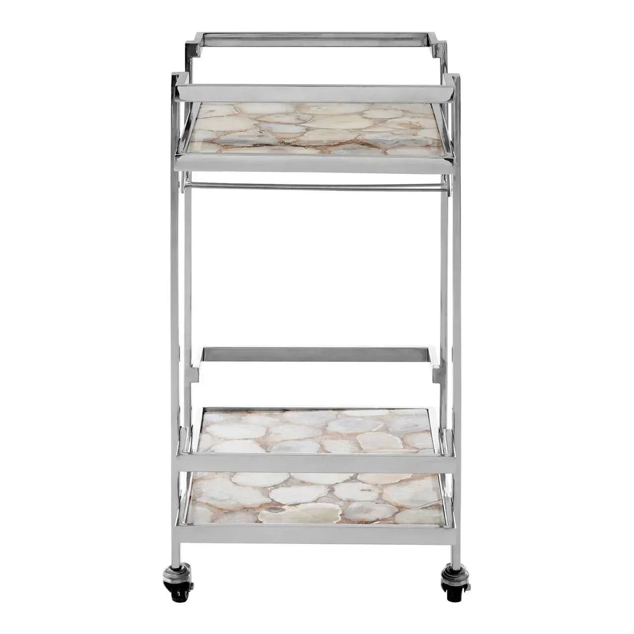 Two tier drinks trolley with chrome frame and stone effect shelves on wheels, front view