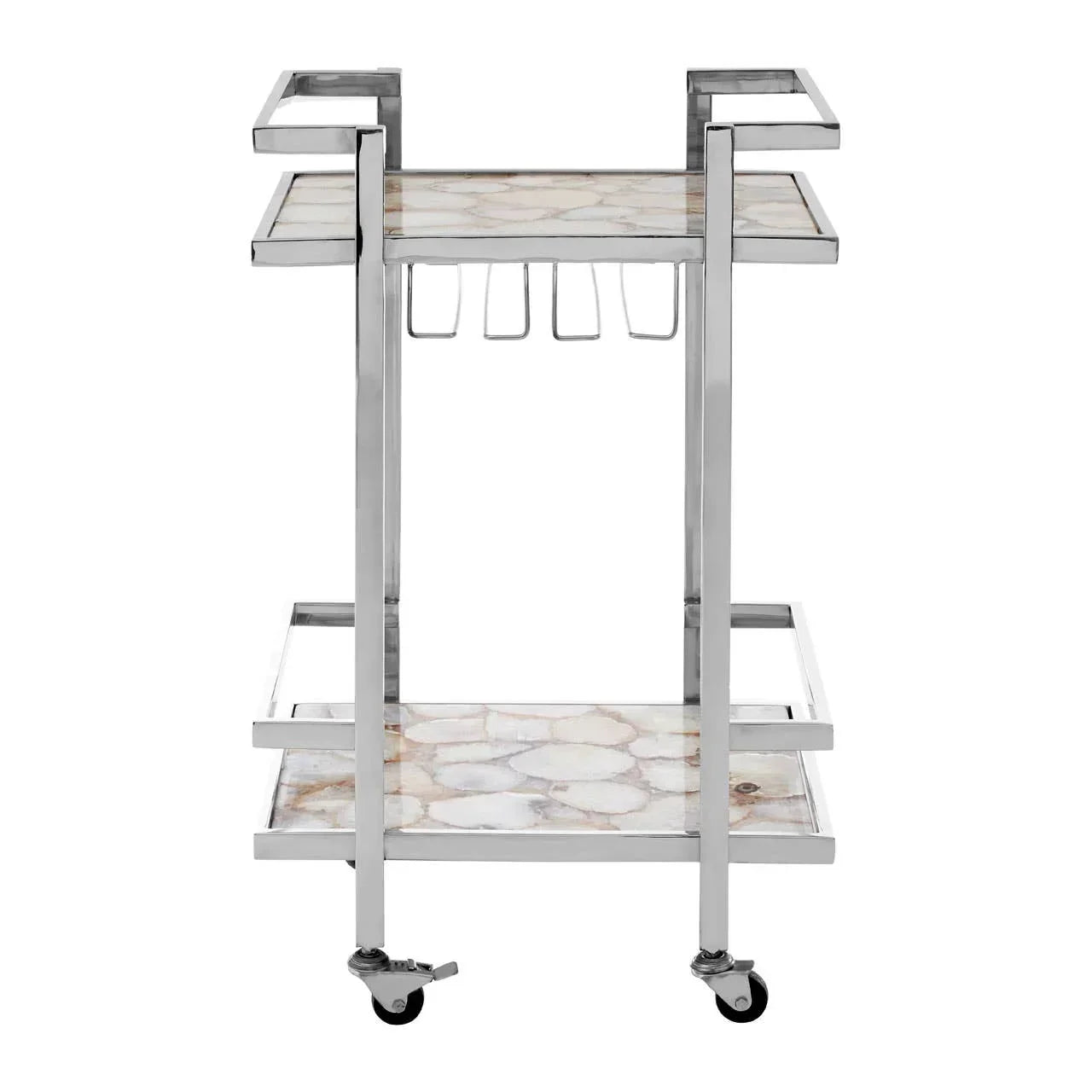 Marble top drinks trolley with chrome frame, two shelves and wheels, front view