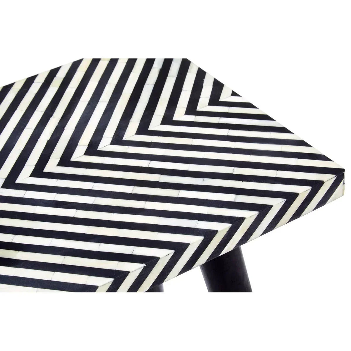 Black and white geometric pattern side table top with chevron inlay detail