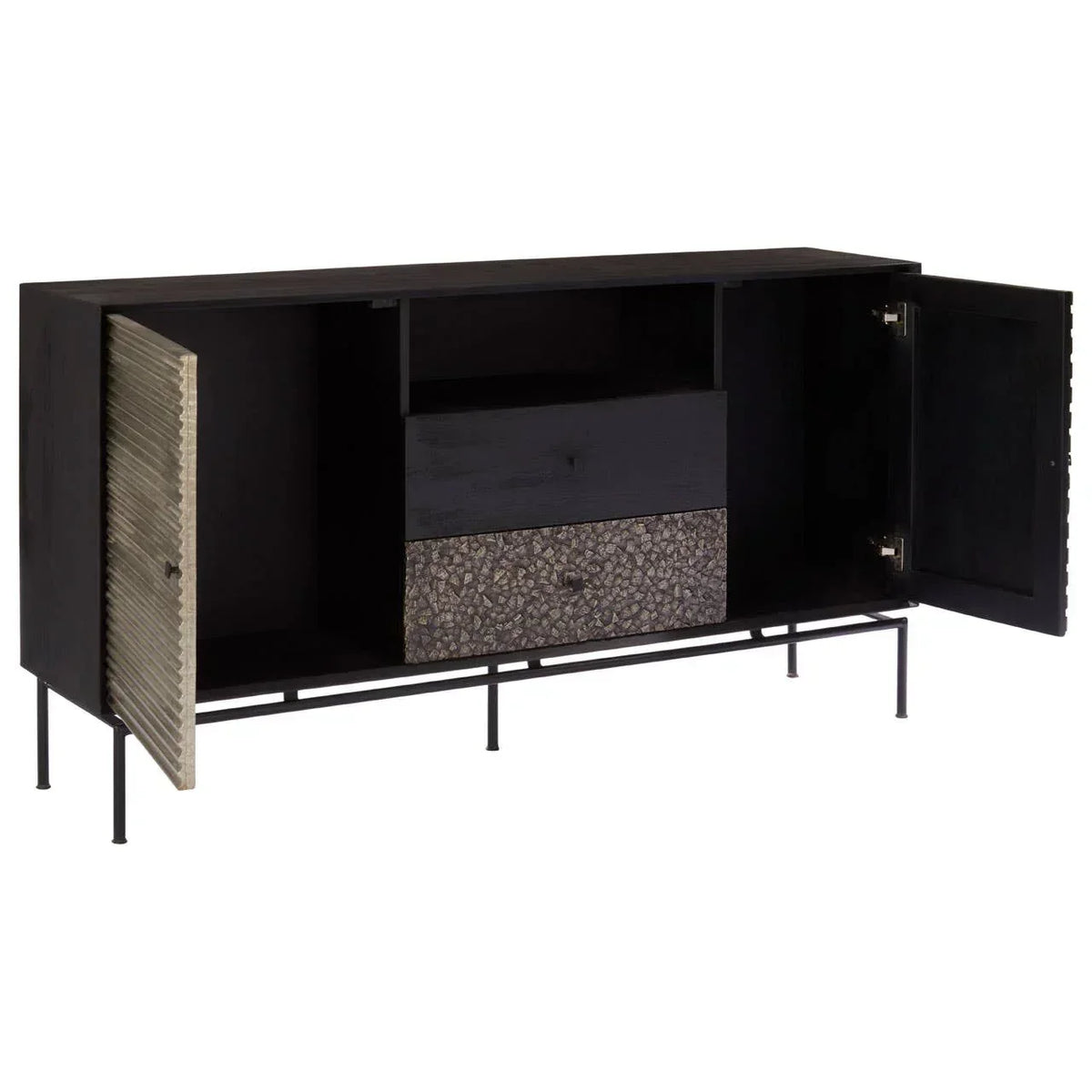 Black sideboard with metal legs, textured cabinet doors open, two drawers visible