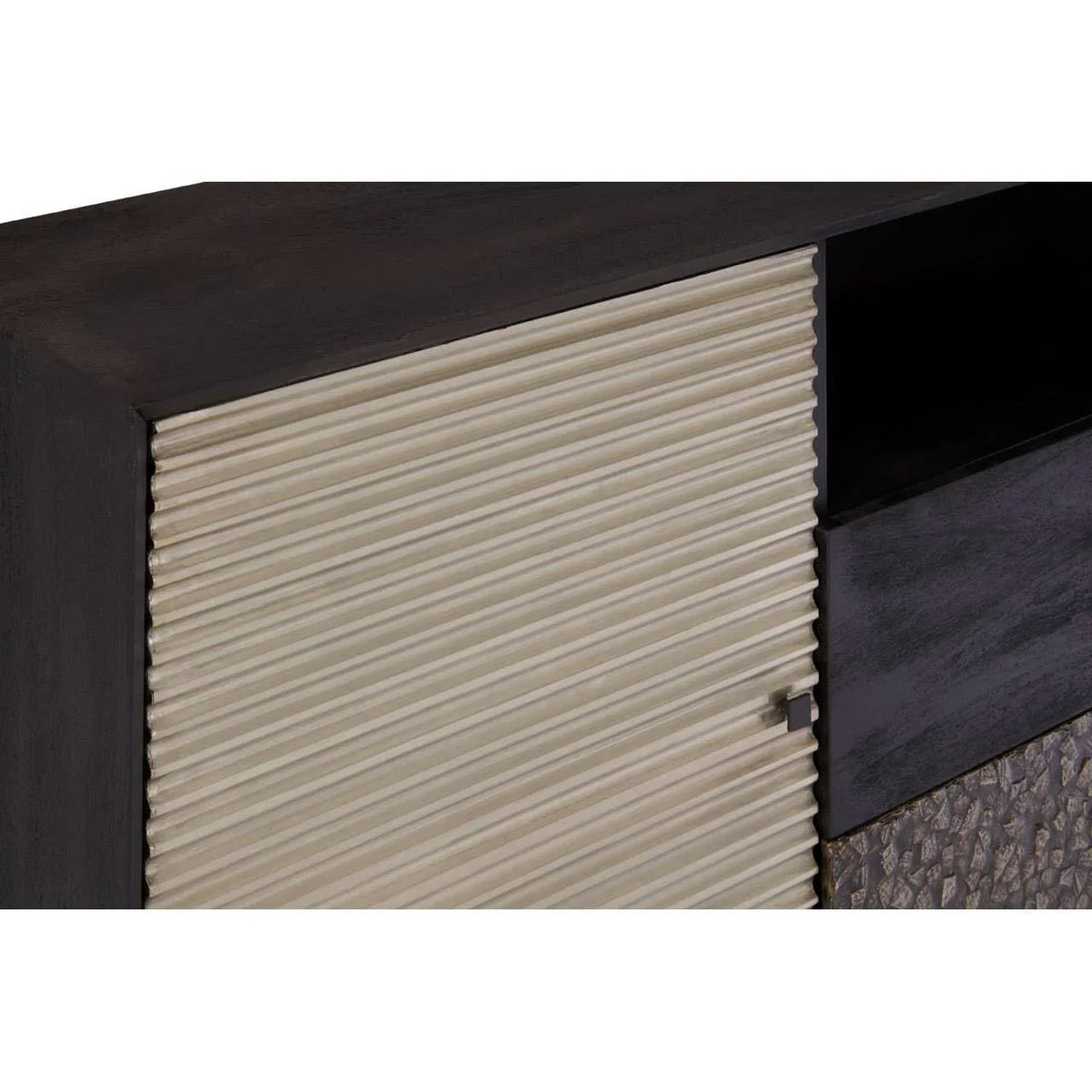 Textured sideboard cabinet door in beige and dark wood finish with open shelf detail