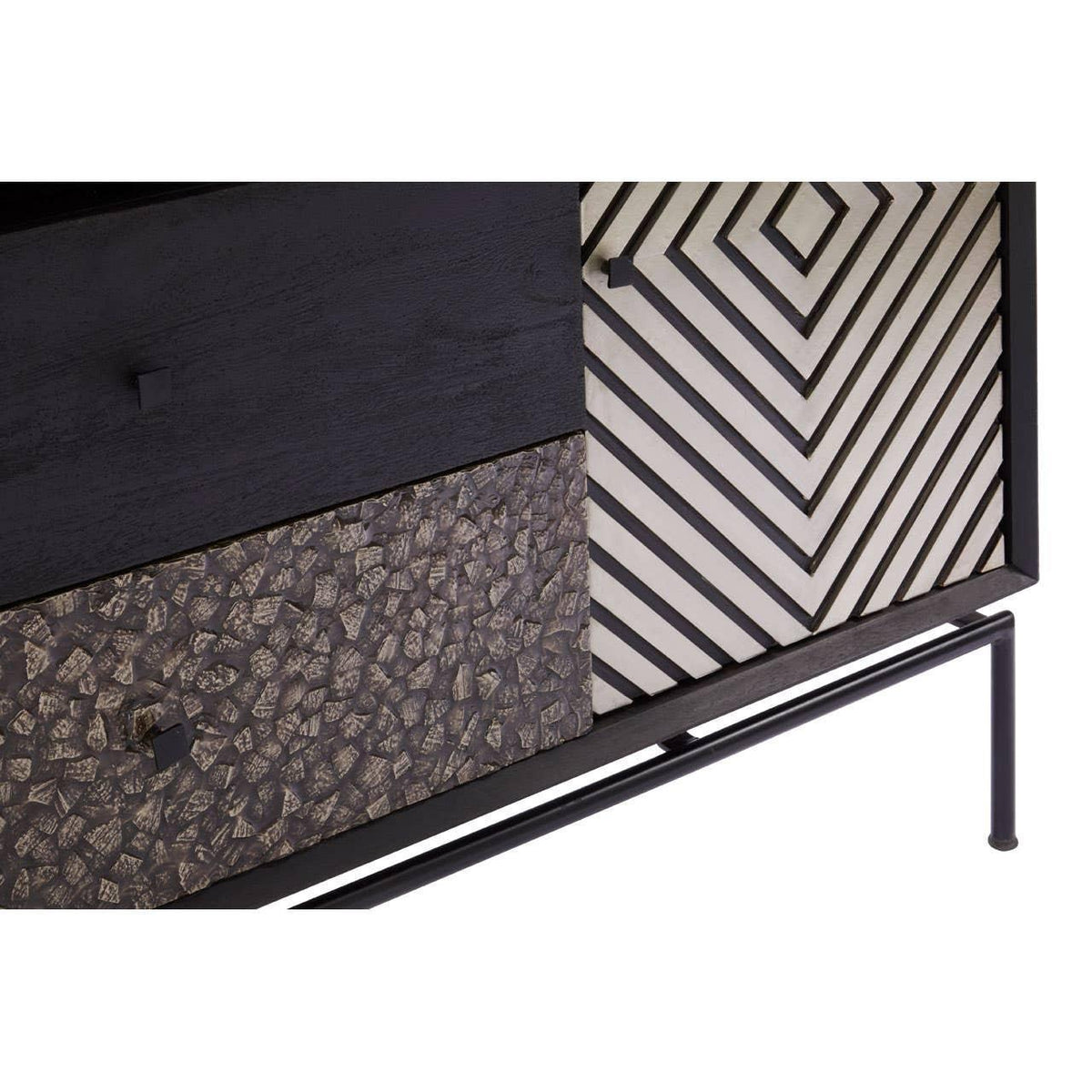 modern sideboard with textured black and patterned drawers and geometric door design