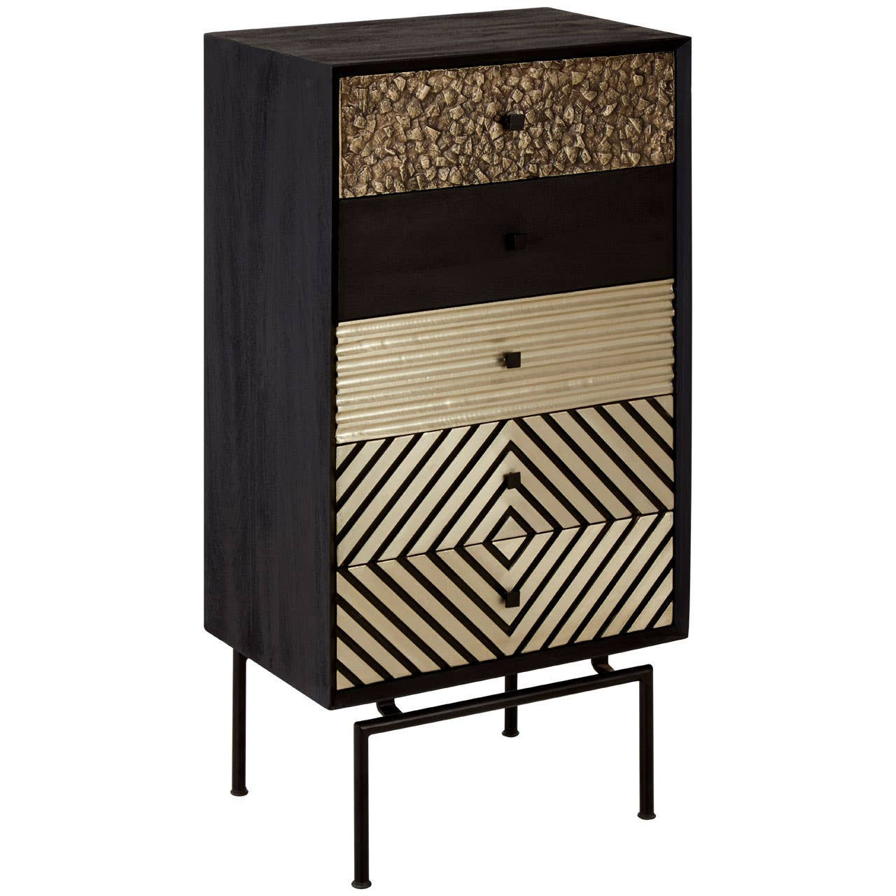 Boho mango wood chest of five drawers featuring a mix of patterned drawer fronts in natural wood tones, black, and gold. The chest is supported by slender black metal legs, showcasing a modern yet rustic design