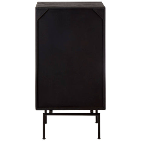 Boho mango wood chest featuring a sleek design with five drawers, each adorned with a unique patterned front. The chest stands on slender black metal legs, providing a modern contrast to the warm wood finish