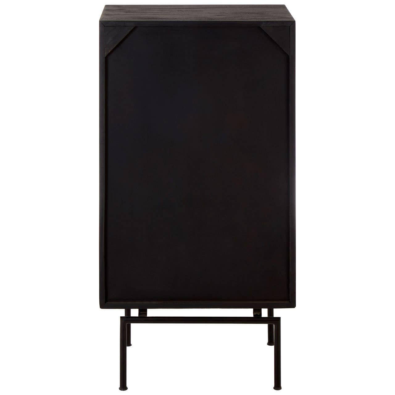Boho mango wood chest featuring a sleek design with five drawers, each adorned with a unique patterned front. The chest stands on slender black metal legs, providing a modern contrast to the warm wood finish