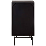Boho mango wood chest featuring a sleek design with five drawers, each adorned with a unique patterned front. The chest stands on slender black metal legs, providing a modern contrast to the warm wood finish
