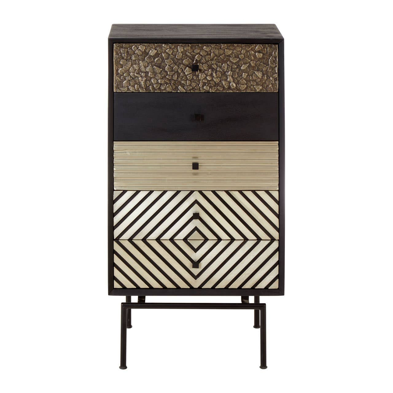 Boho Mango Wood Patterned Chest of Five Drawers featuring a mix of natural wood tones and intricate geometric patterns on the drawer fronts, with a sleek black top and a stylish metal base. The chest has five drawers of varying colors and designs, including a textured black, a smooth beige, and a bold patterned lower drawer