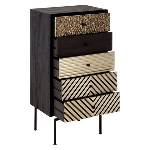 Boho mango wood chest featuring five drawers with various patterned fronts in shades of black, gold, and natural wood, supported by slender black legs. The top drawer has a textured design, while the others display geometric and striped patterns