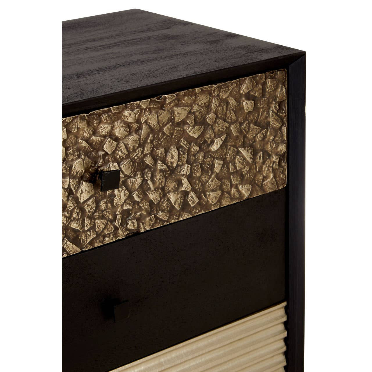 Boho mango wood chest featuring five drawers with a mix of textured patterns, including a natural wood grain and a decorative, patterned front. The chest has a dark finish with contrasting lighter elements, showcasing a stylish and modern design suitable for home decor