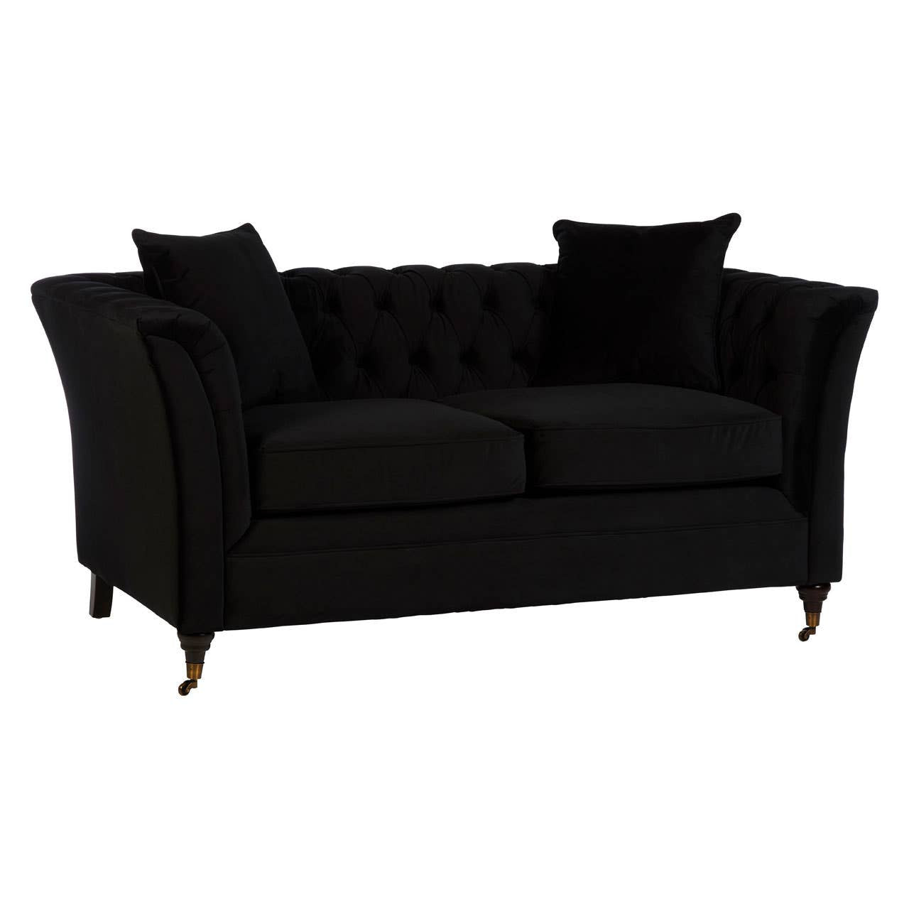 A stylish two-seat sofa upholstered in black fabric, featuring a tufted backrest and two matching throw pillows. The sofa has elegant curved arms and is supported by sleek, gold-toned legs