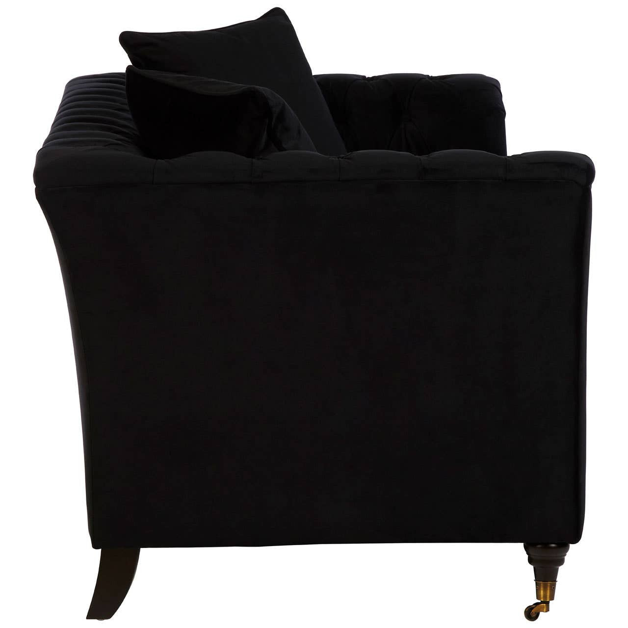 A sleek black two-seat sofa with a plush fabric finish, featuring a low back and rounded arms, supported by elegant wooden legs. The sofa includes two matching cushions for added comfort