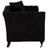 A sleek black two-seat sofa with a plush fabric finish, featuring a low back and rounded arms, supported by elegant wooden legs. The sofa includes two matching cushions for added comfort