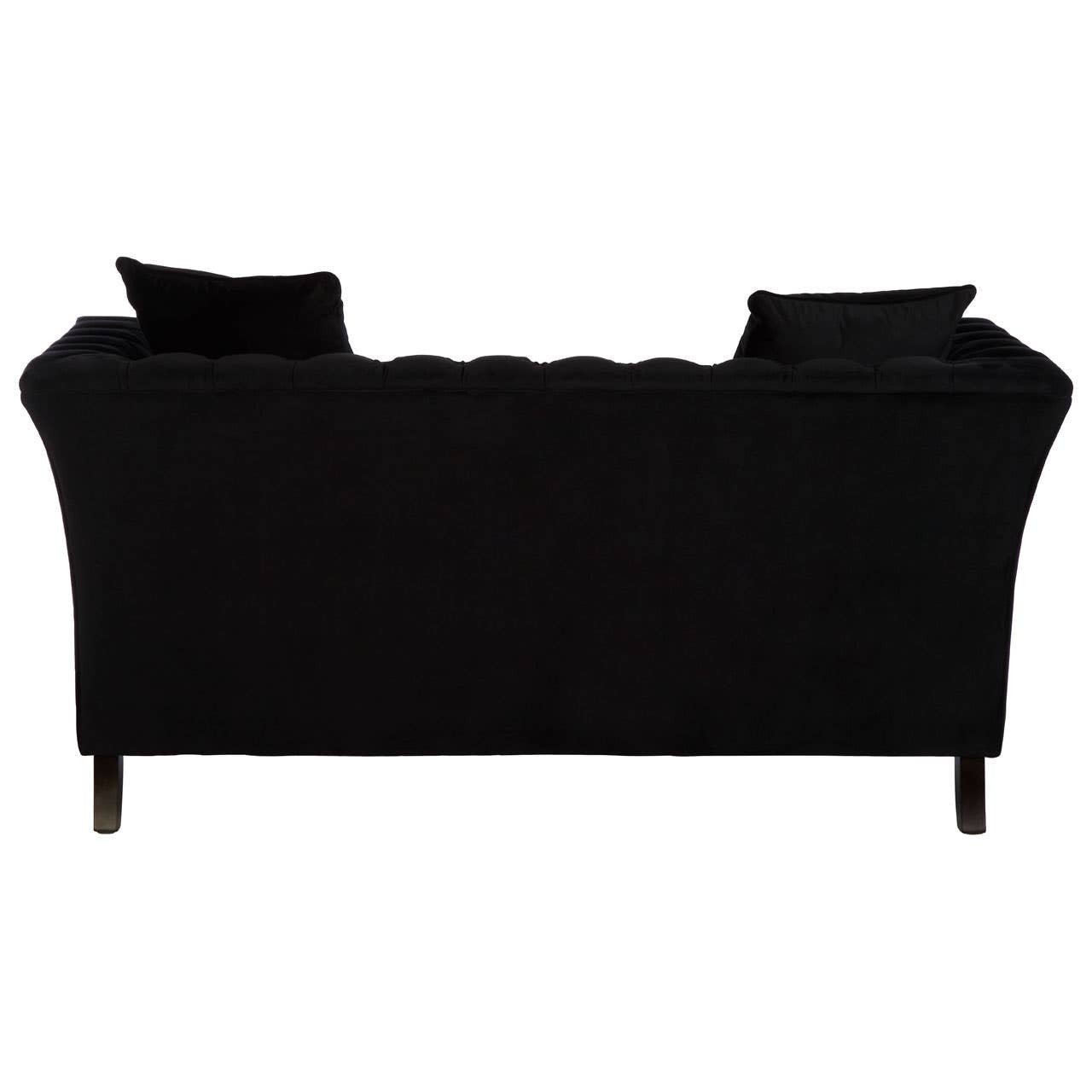 Black two-seat sofa with a sleek design, featuring a curved backrest and two matching cushions. The legs are wooden and slightly tapered, providing a modern touch. The fabric has a soft texture, enhancing its contemporary appeal