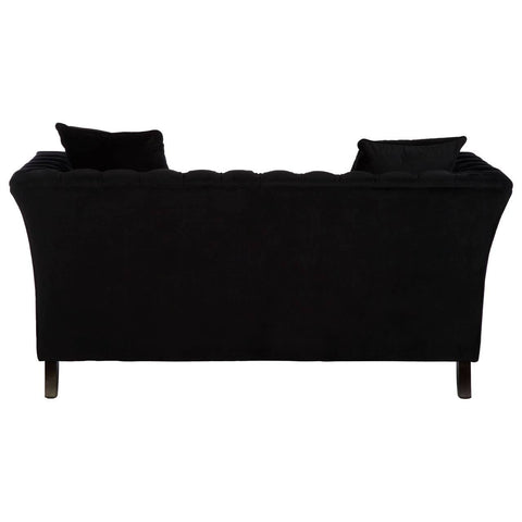 Black two-seat sofa with a sleek design, featuring a curved backrest and two matching cushions. The legs are wooden and slightly tapered, providing a modern touch. The fabric has a soft texture, enhancing its contemporary appeal