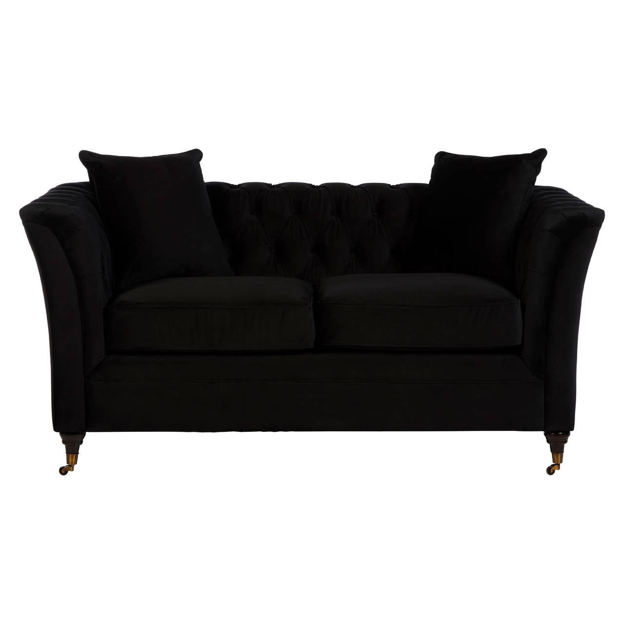 A sleek two-seat sofa in a rich black fabric, featuring a tufted backrest and plush cushions. The sofa has elegantly curved arms and stands on gold-colored legs, adding a touch of sophistication to any living space