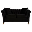 A sleek two-seat sofa in a rich black fabric, featuring a tufted backrest and plush cushions. The sofa has elegantly curved arms and stands on gold-colored legs, adding a touch of sophistication to any living space