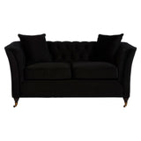 A sleek two-seat sofa in a rich black fabric, featuring a tufted backrest and plush cushions. The sofa has elegantly curved arms and stands on gold-colored legs, adding a touch of sophistication to any living space