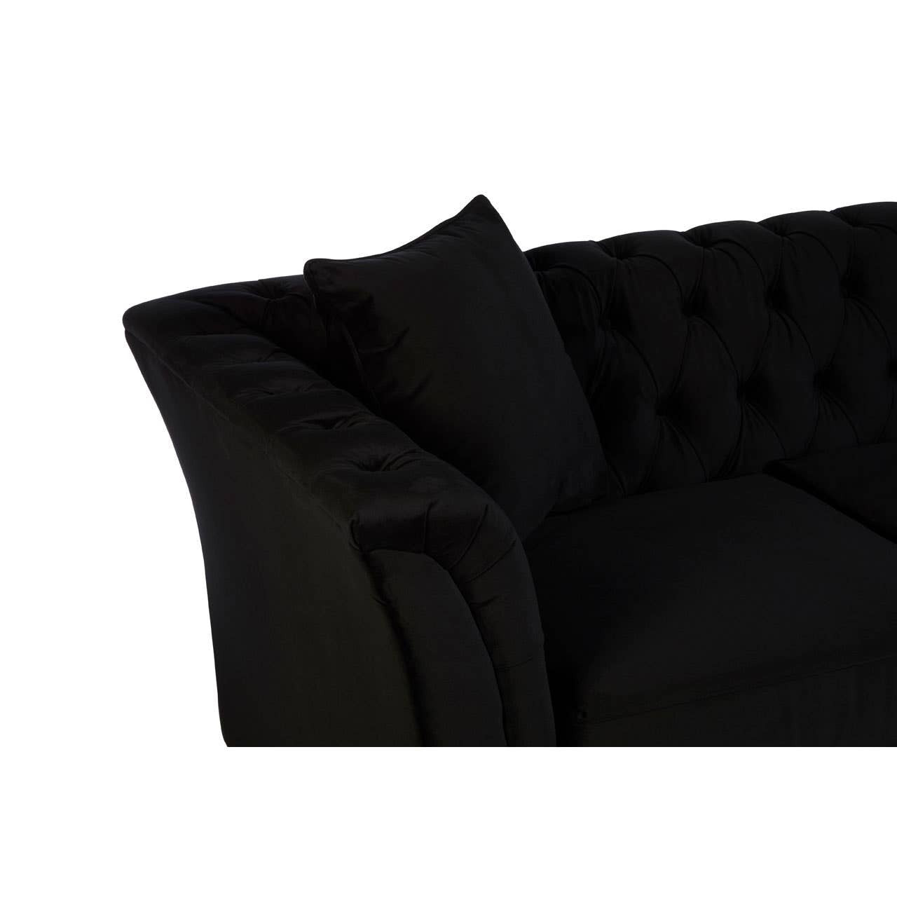 Black tufted fabric sofa with two seats, featuring a sleek design and a plush cushion. One side shows a decorative pillow resting against the armrest, highlighting the elegant stitching and smooth upholstery