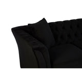 Black tufted fabric sofa with two seats, featuring a sleek design and a plush cushion. One side shows a decorative pillow resting against the armrest, highlighting the elegant stitching and smooth upholstery