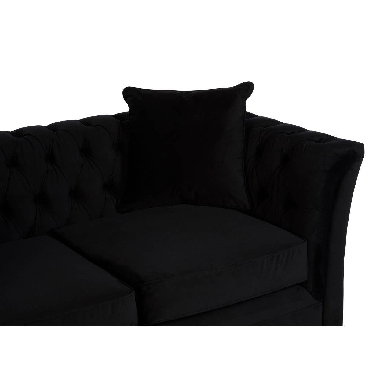 A sleek black two-seat sofa featuring a tufted design and a matching square cushion, showcasing a modern and elegant aesthetic suitable for various living spaces