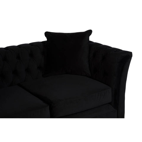 A sleek black two-seat sofa featuring a tufted design and a matching square cushion, showcasing a modern and elegant aesthetic suitable for various living spaces