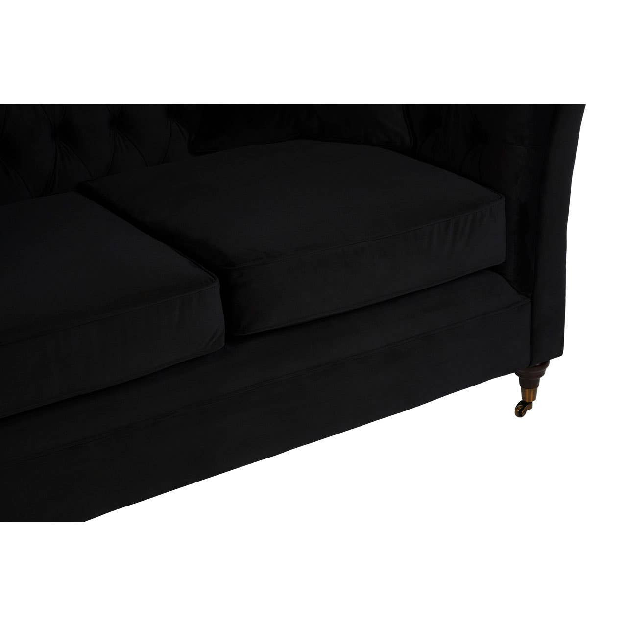Black two-seat sofa with plush cushions and elegant gold legs, showcasing a sleek and modern design