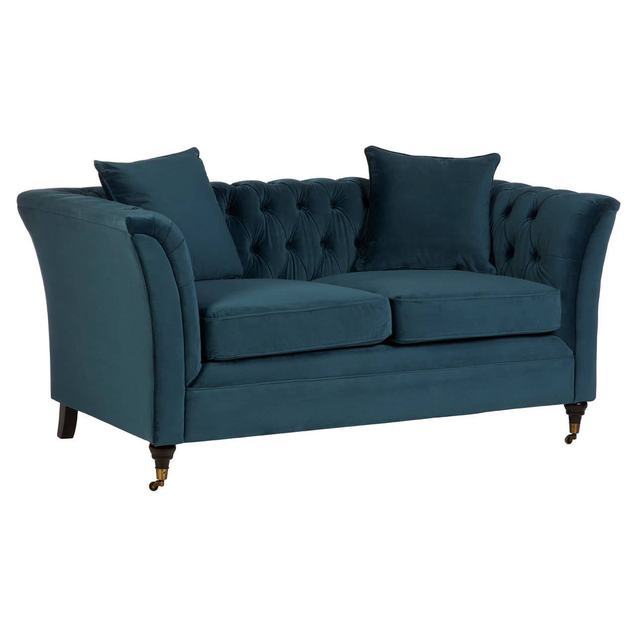 Midnight blue velvet two-seat sofa with tufted backrest, curved arms, and two matching throw pillows, resting on wooden legs